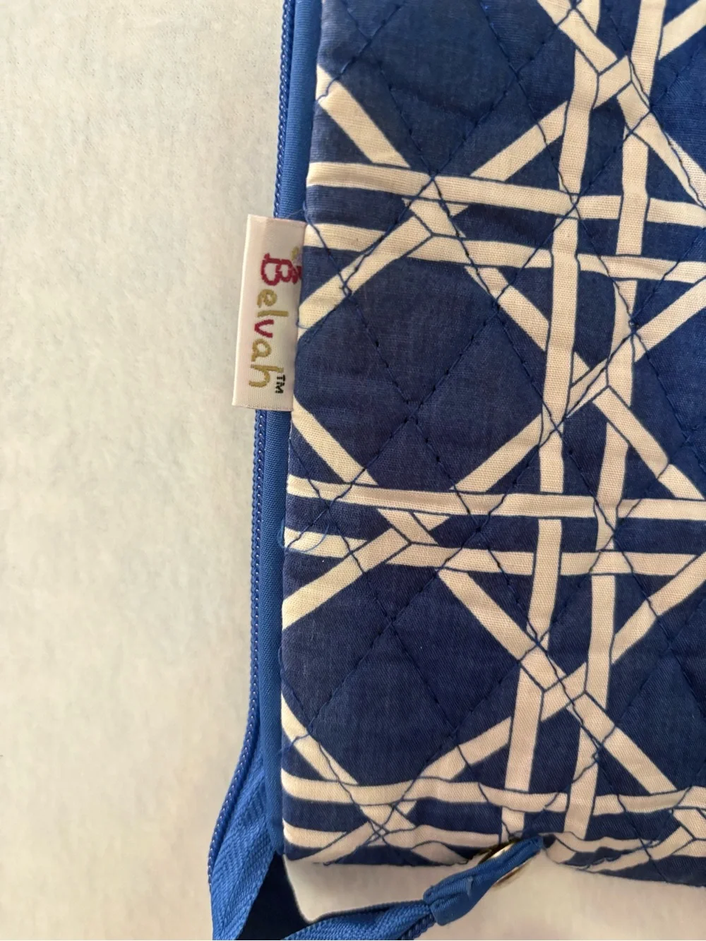 Belvah Quilted Folding Garment Bag Royal Blue White Cane Lattice Travel EUC